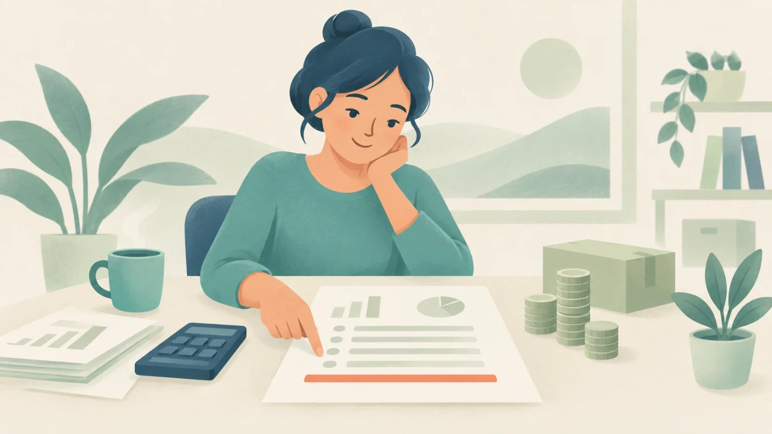 A woman reviews a financial report with an orange bottom line at a desk with a calculator, stacked coins, a box, and plants.