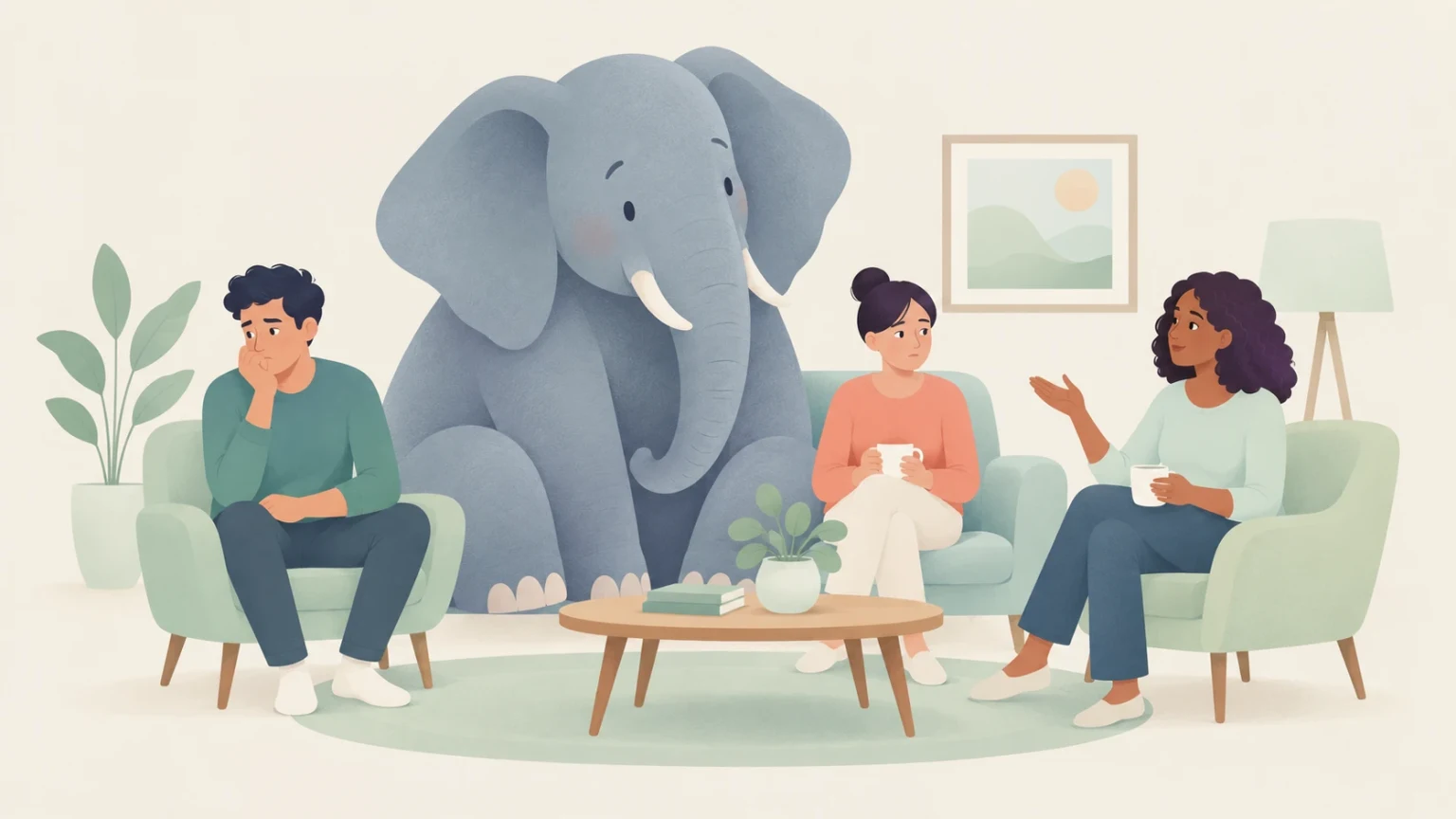 A large elephant sits among three people in a softly colored living room; one person looks uneasy while another gestures during conversation.