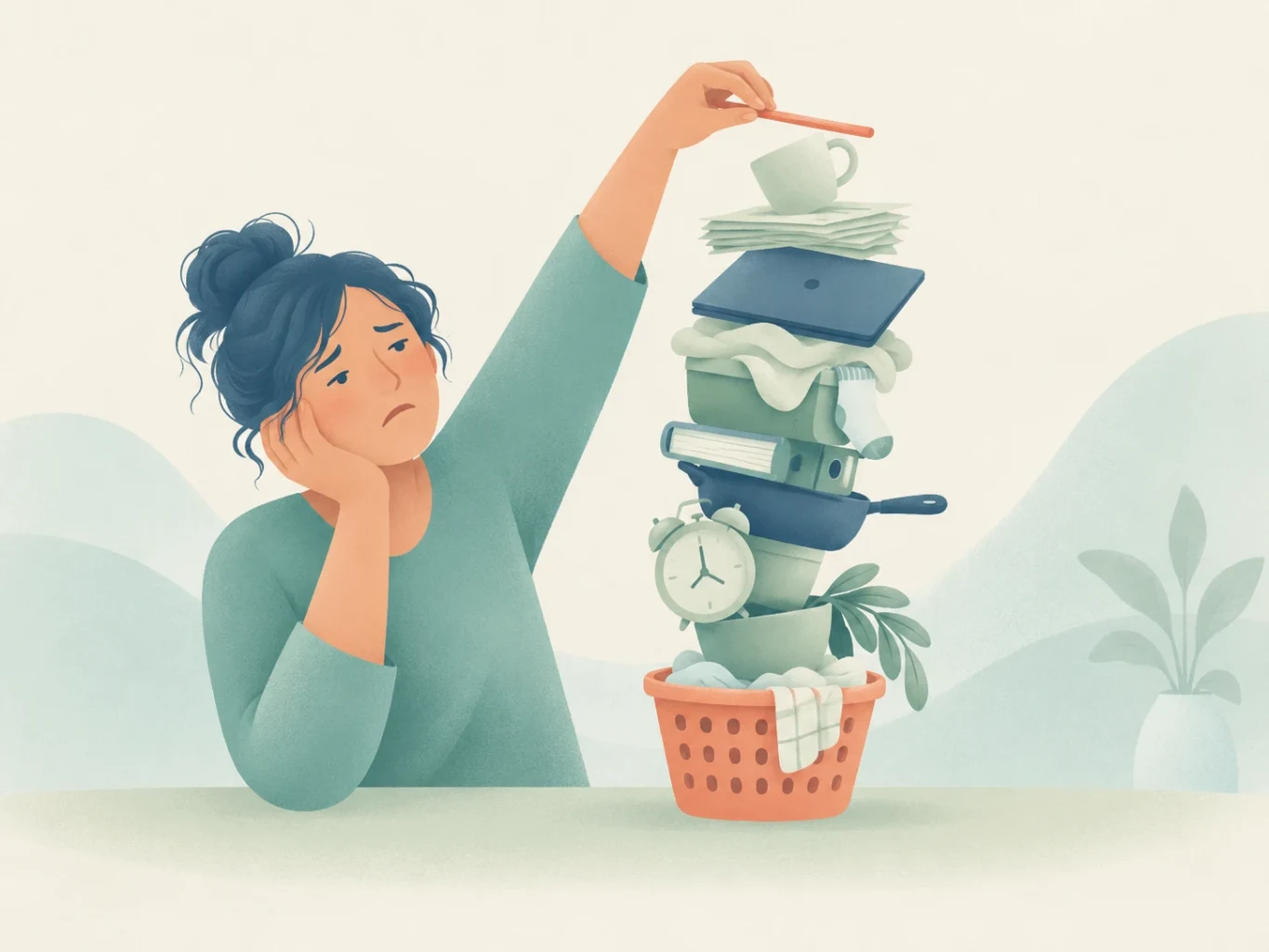 Editorial illustration of an overwhelmed woman carefully placing a pencil atop a tall, precarious stack of daily objects balanced in a laundry basket.