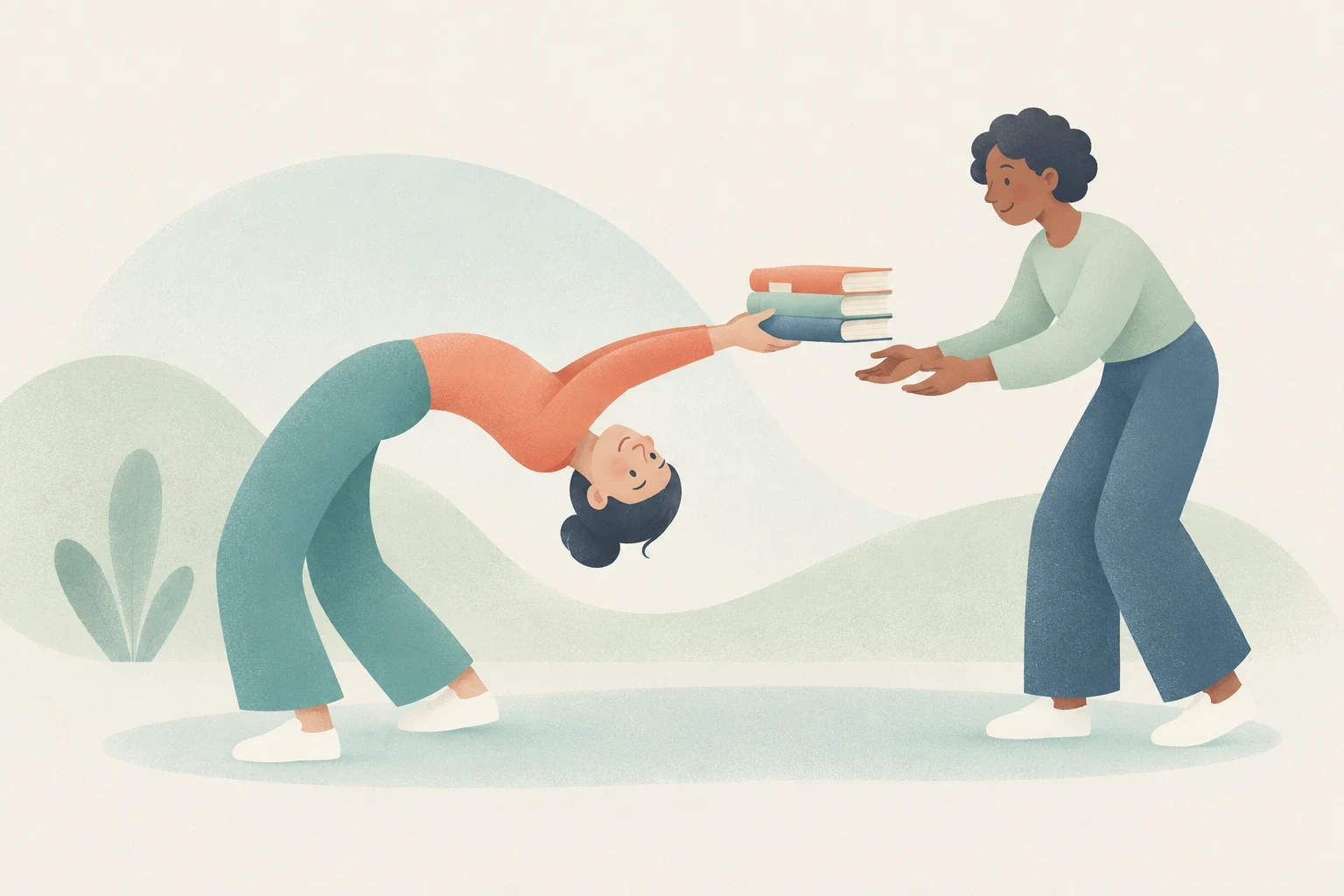 A person bends dramatically backwards while offering a stack of books to another person, illustrated in soft pastel colors.