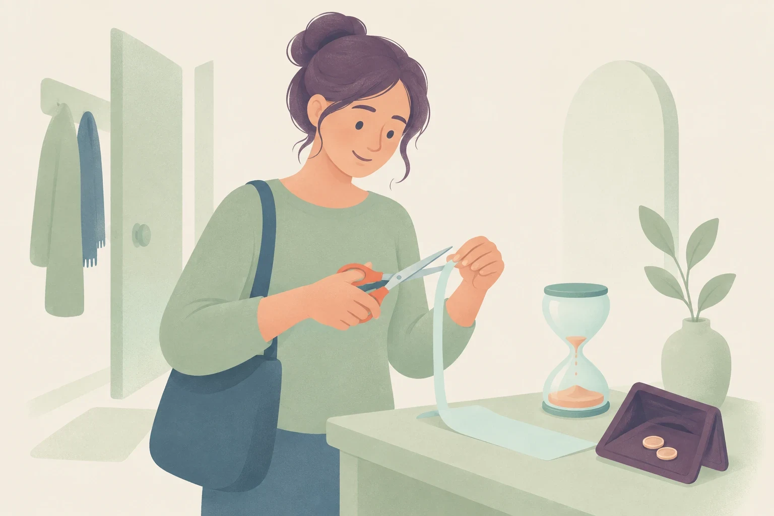 A woman with a shoulder bag cuts a pale ribbon beside an hourglass and an open purse containing two coins, in a softly colored interior.