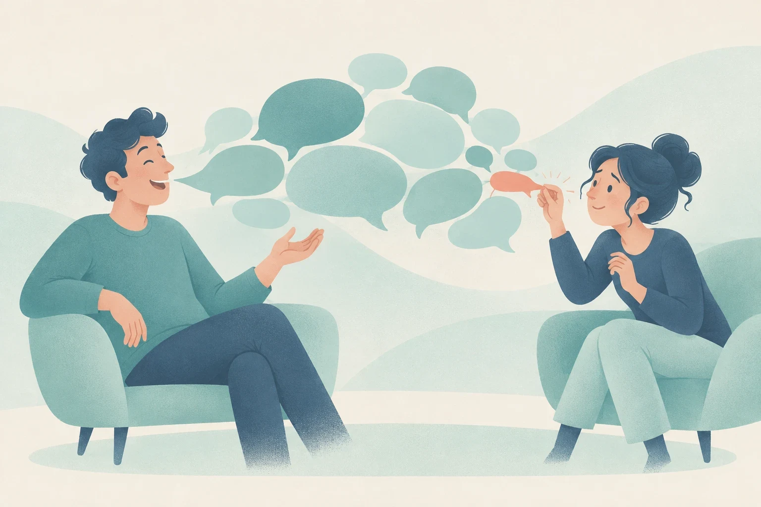 An editorial illustration of a woman in an armchair trying to insert a small speech bubble into a conversation dominated by a talkative man.