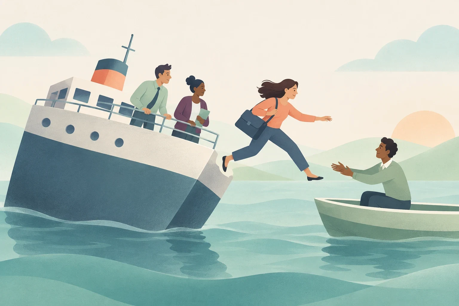 An editorial illustration of a businesswoman leaping from a listing ship toward a colleague waiting in a small rowboat.