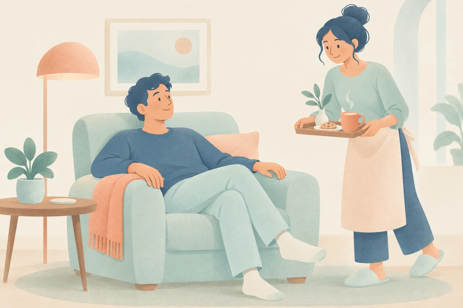 A relaxed man sits in an armchair while a woman wearing an apron brings him a tray with a steaming drink and a cookie.