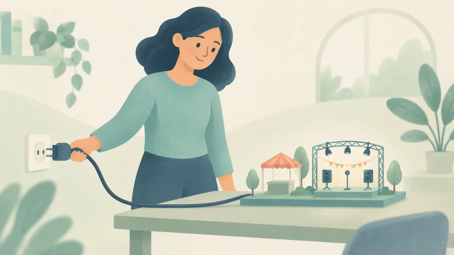A woman pulls an electrical plug from a wall socket, with its cable leading to a miniature outdoor event stage on a table.