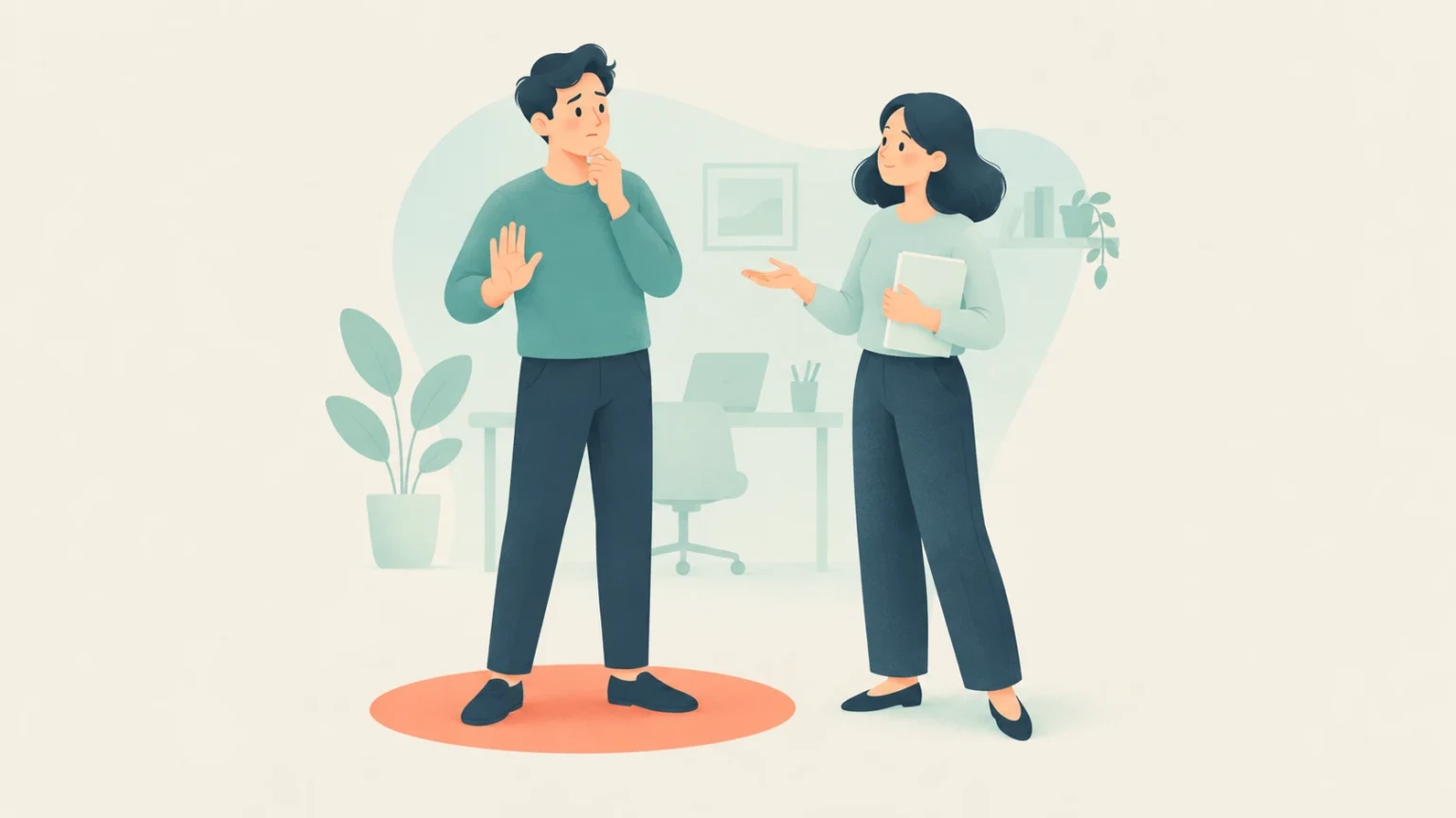 A man pauses with a raised hand and thoughtful expression while standing on a circular spot as a female colleague speaks to him in an office.