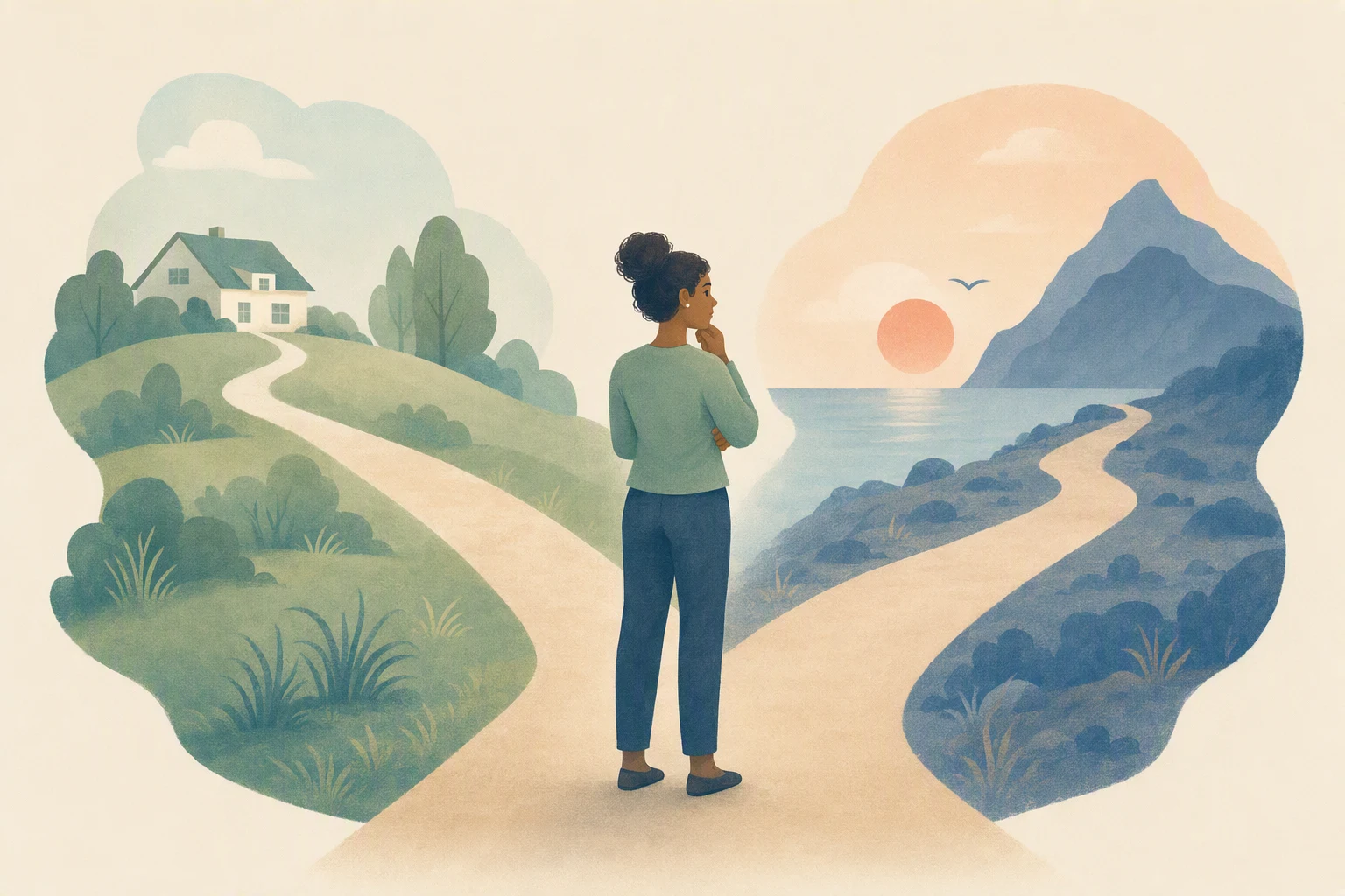 A thoughtful woman stands at a fork in a path, choosing between a green hillside with a house and a coastal route toward mountains at sunset.
