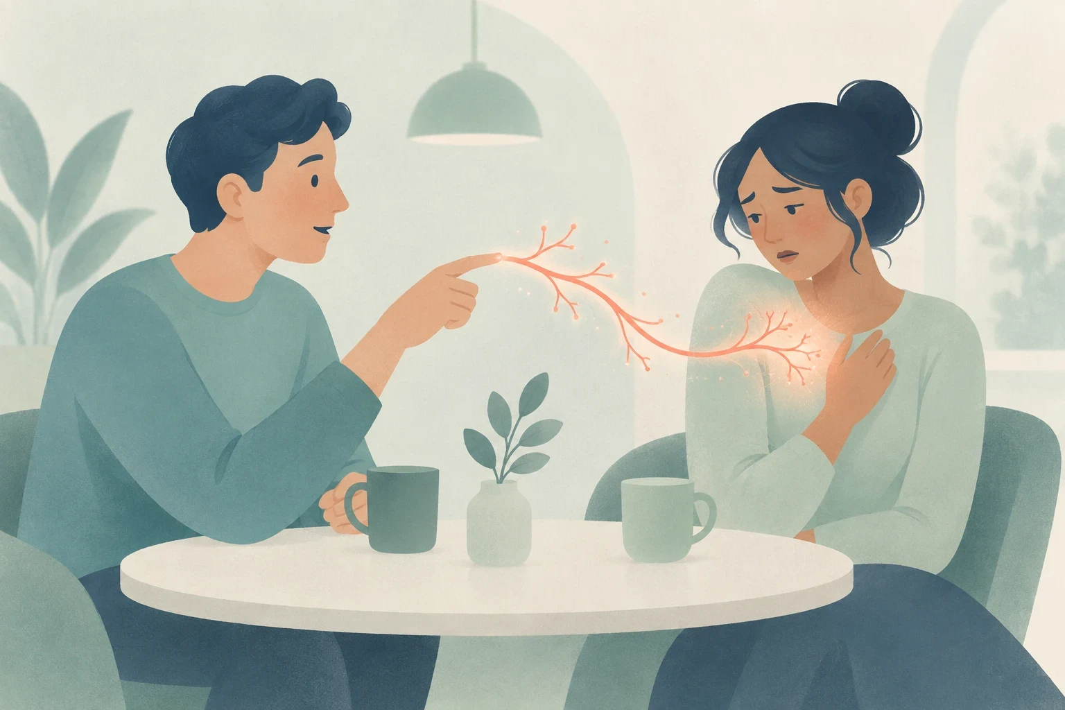 A man gestures while talking across a café table to an upset woman holding her chest, with a glowing nerve-like branch symbolizing emotional sensitivity.