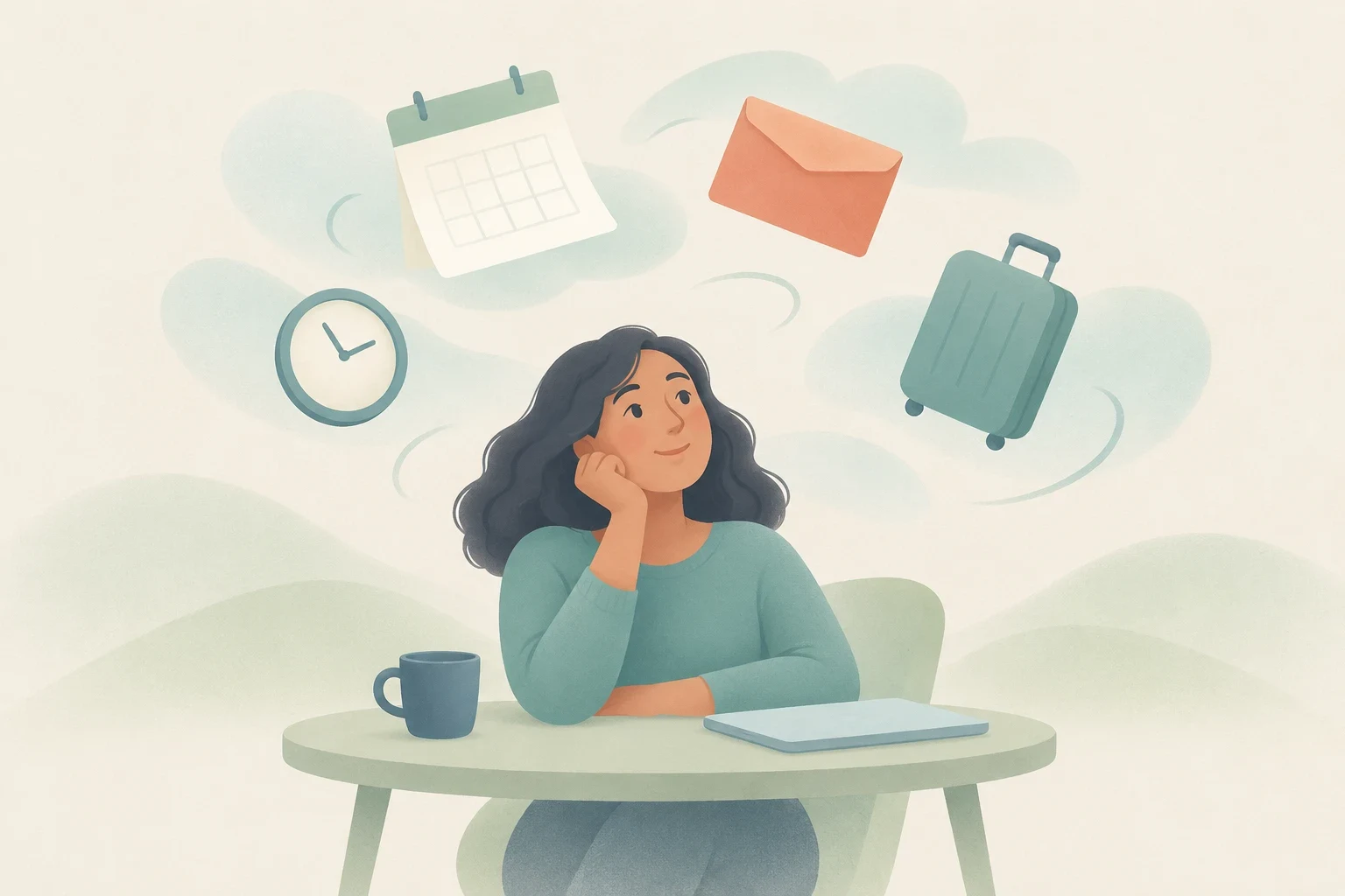 A thoughtful woman sits at a table with a mug and closed laptop while a calendar, clock, envelope, and suitcase float above her, suggesting uncertain plans.