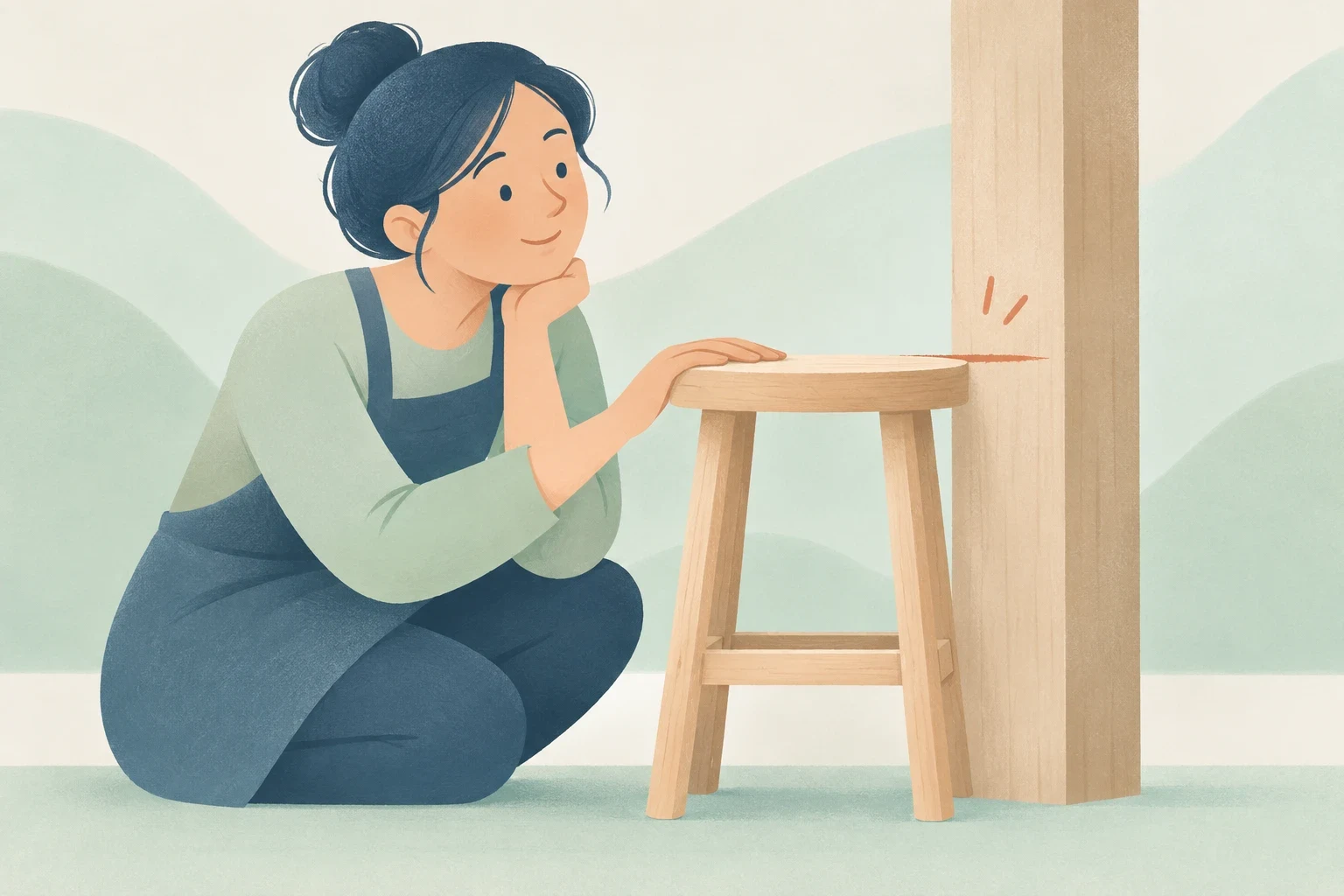 A craftswoman crouches beside a wooden stool to inspect whether its height matches a marked line on a wooden post.