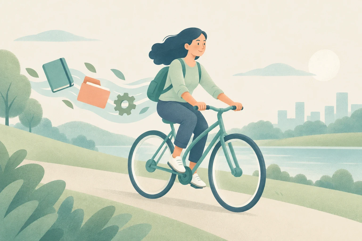 An editorial illustration of a woman riding a bicycle along a park path, with a notebook, folder, and gear trailing behind her in the breeze against a distant city skyline.