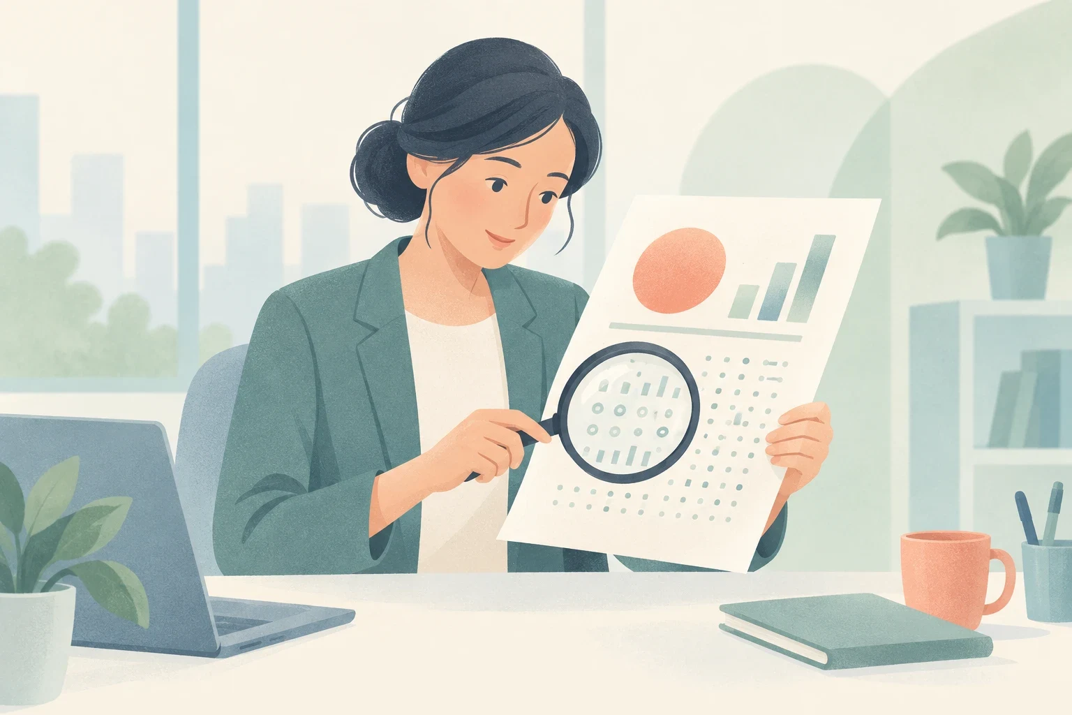 A woman at a desk examines a chart through a magnifying glass, illustrating closer inspection beyond an initial impression.