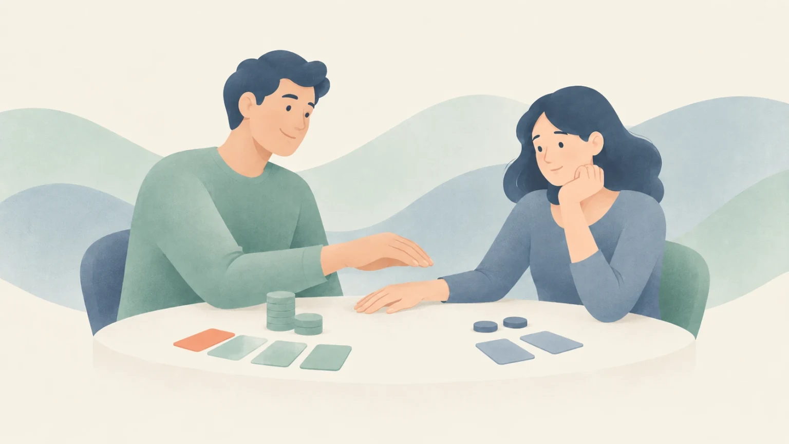 A man with more game chips and cards faces a woman across a table, suggesting he holds the advantage in their game.