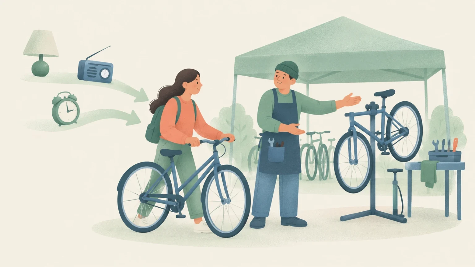 A visitor brings a bicycle to a mechanic at an outdoor repair tent, with tools, another bicycle on a stand, and illustrations of household items nearby.