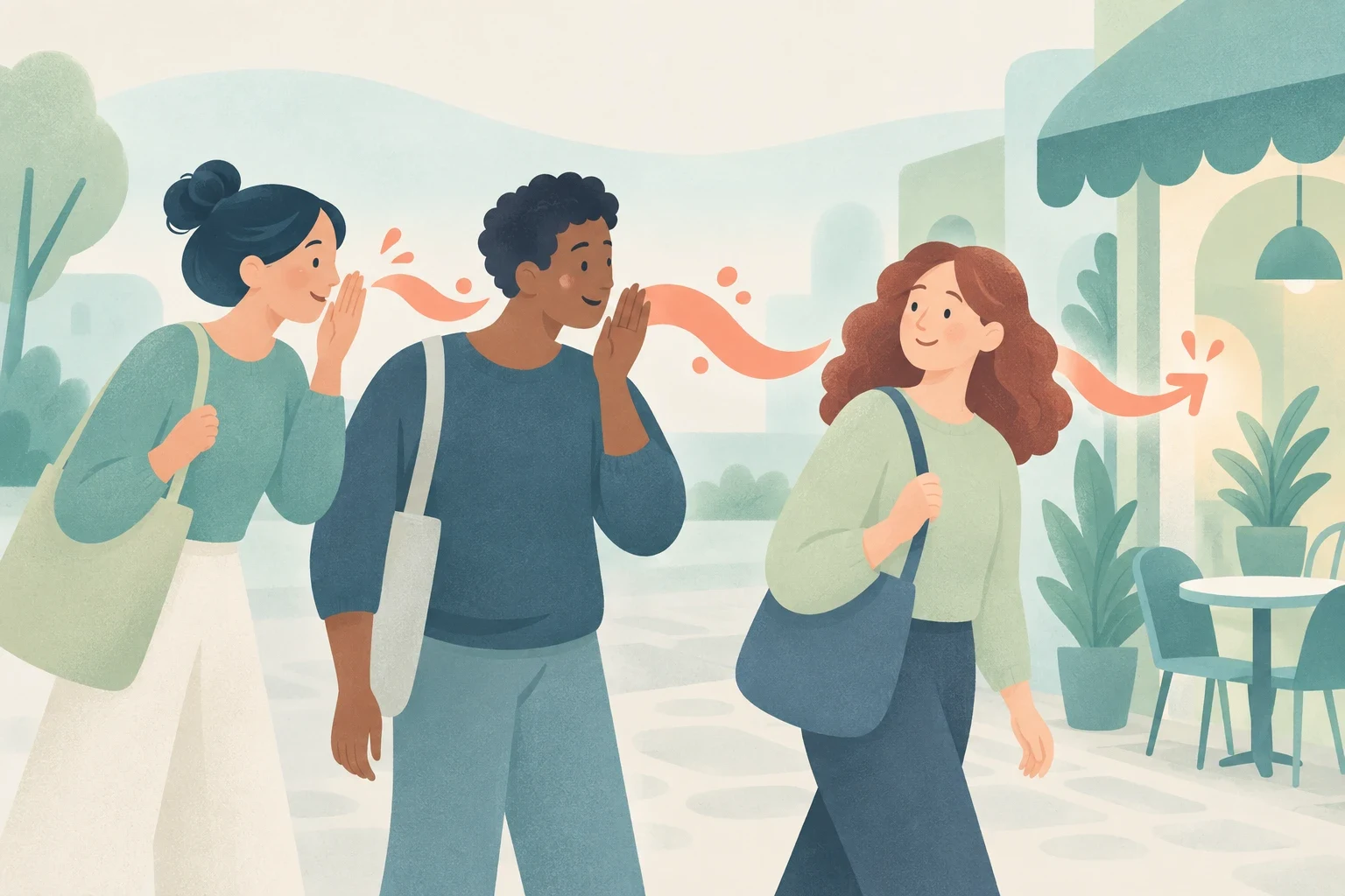 Three people outside a café pass along a message, with coral arrows linking their conversations in a softly textured pastel illustration.