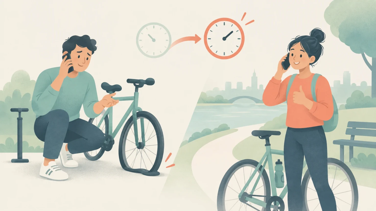 Two cyclists talk on their phones, one crouching beside a flat front tyre while the other waits in a park. Two clocks and an arrow suggest a changed meeting time.