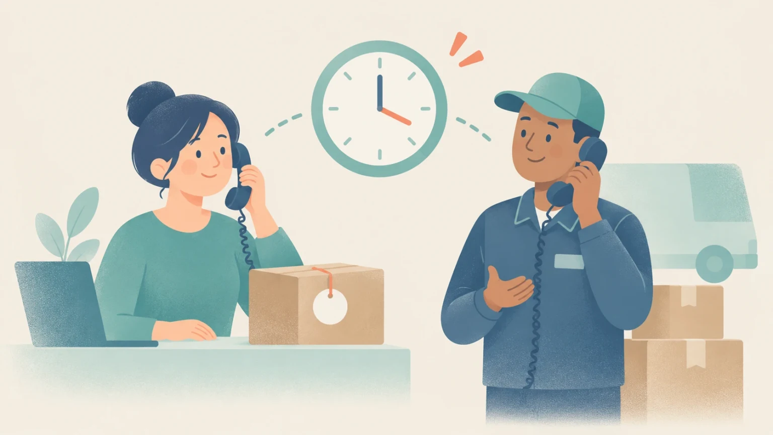 A woman at a desk and a delivery worker speak on telephones, with parcels, a delivery van, and a large clock showing four o’clock.