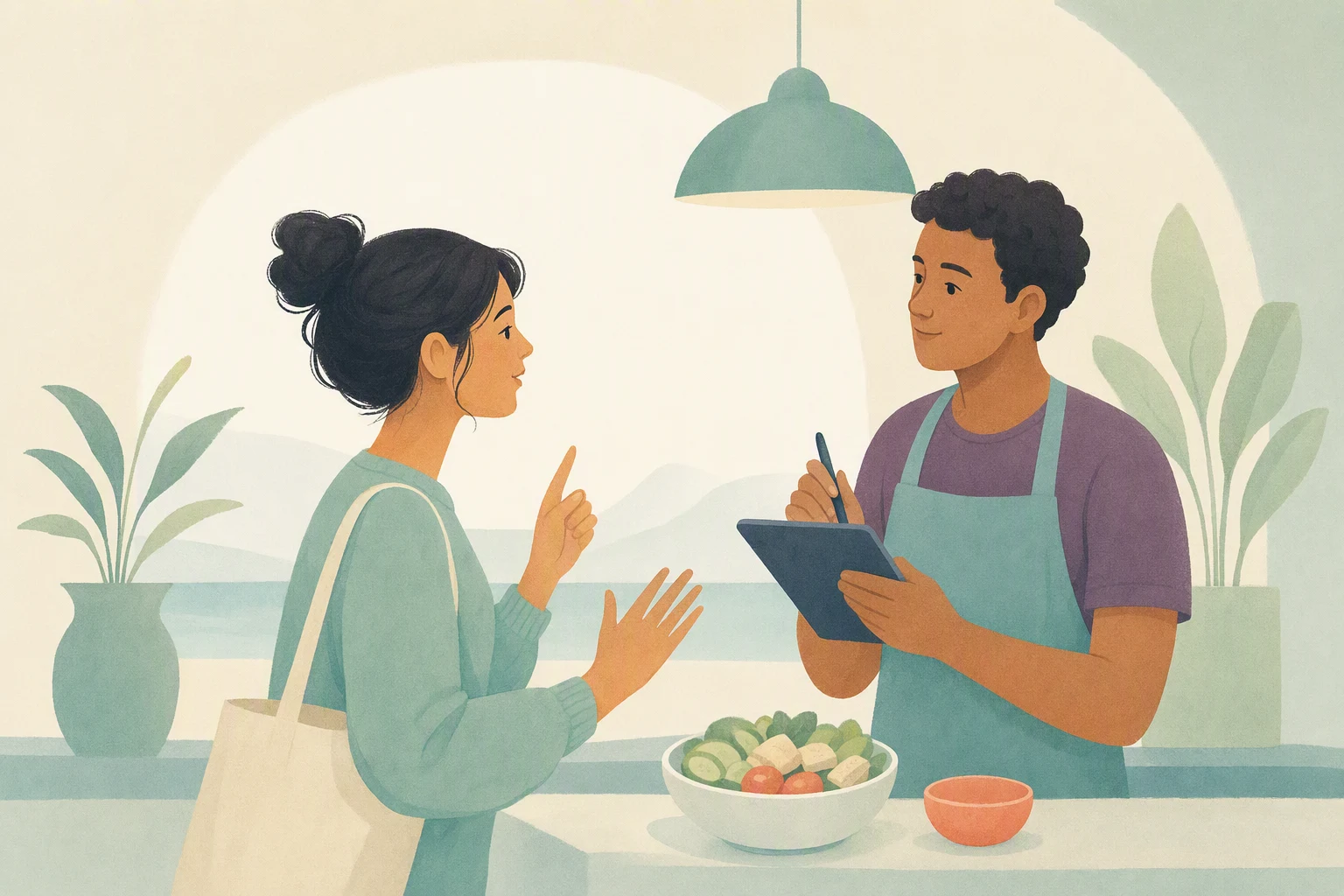 A customer gestures while confirming a café order with an apron-wearing worker holding a tablet and stylus, with a salad bowl on the counter.