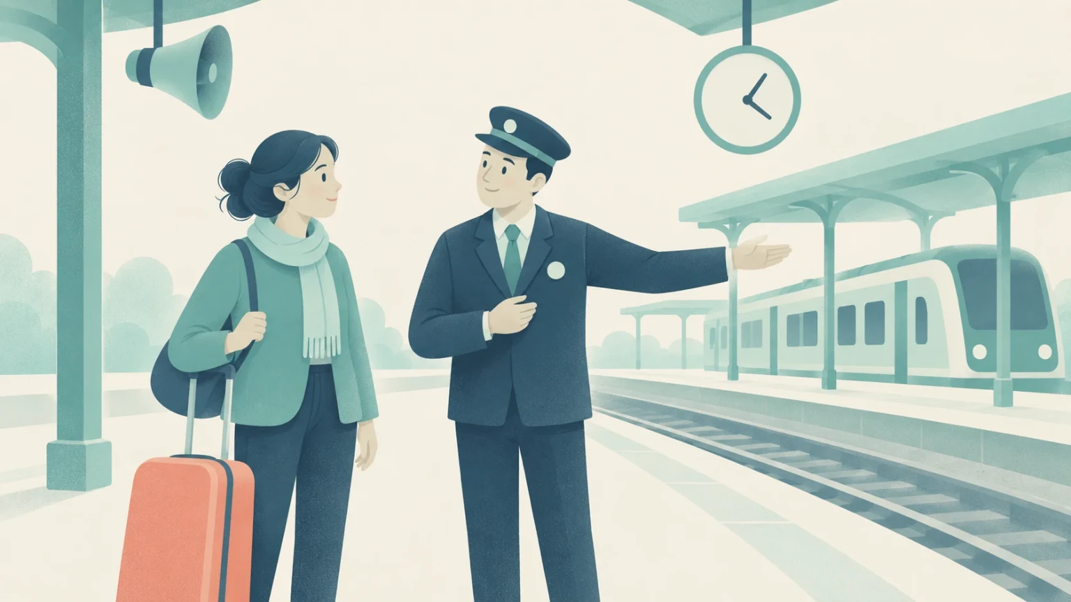 A uniform-wearing station attendant gestures toward a train on an opposite platform while speaking to a passenger with luggage under a clock and speaker.