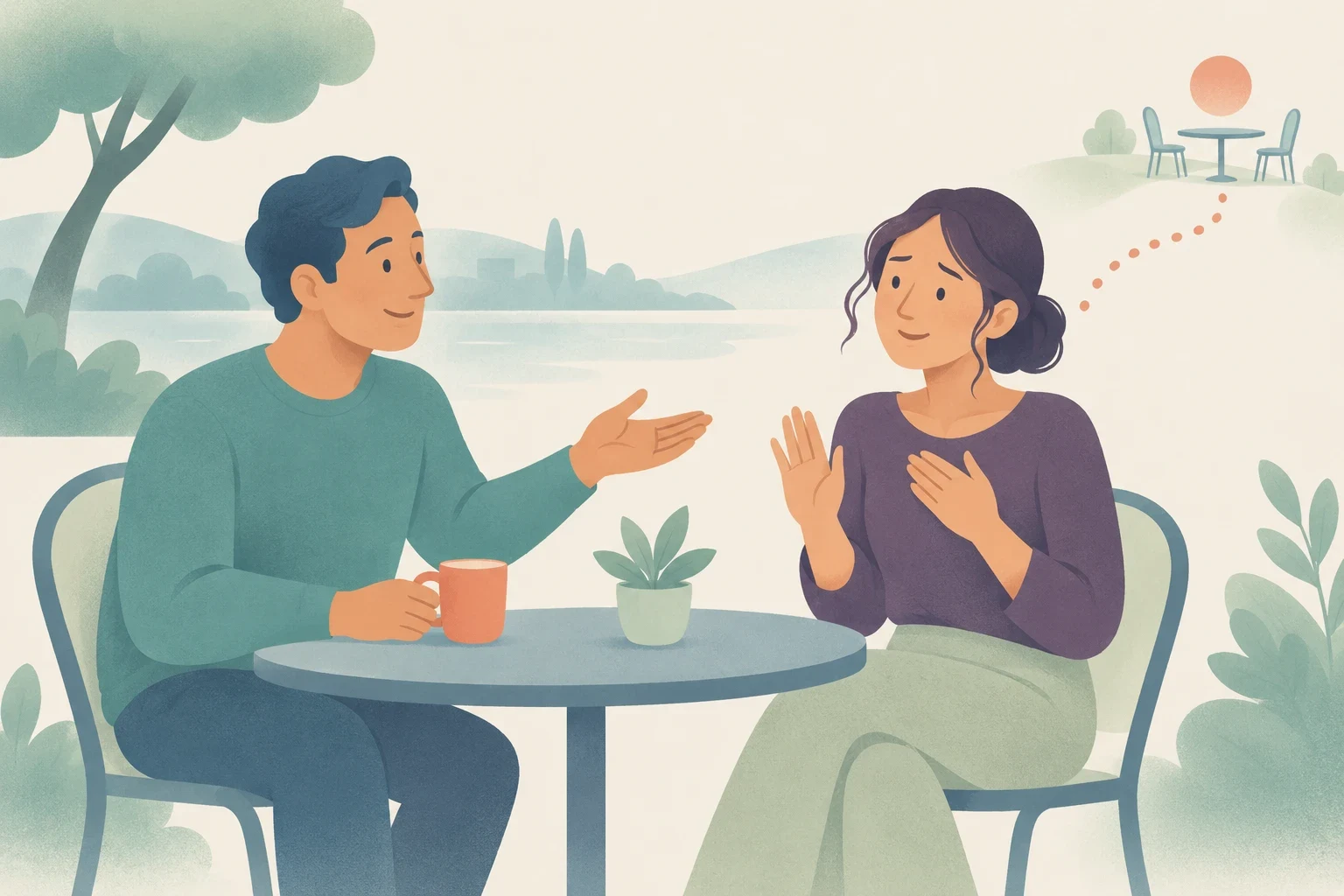 A man gestures invitingly across a café table while a woman raises a palm politely, with a dotted path leading toward an empty table in the distance.