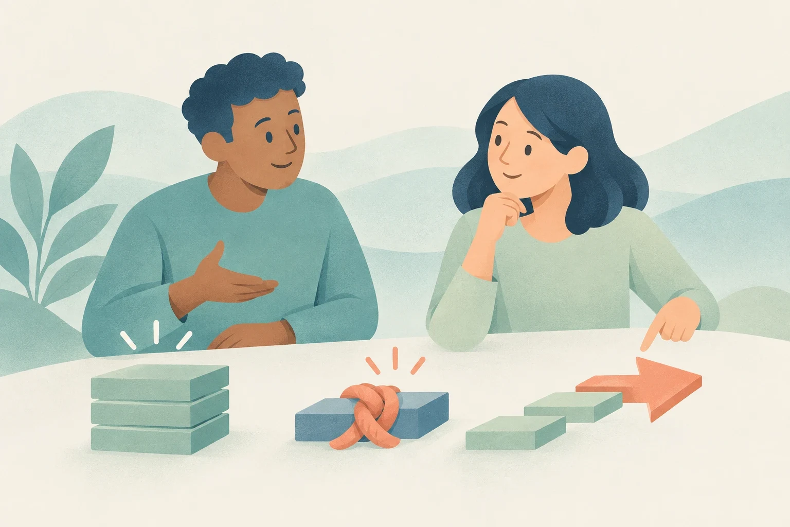 Two colleagues at a table discuss project status represented by stacked blocks, a knotted block, and stepping stones leading to an arrow.