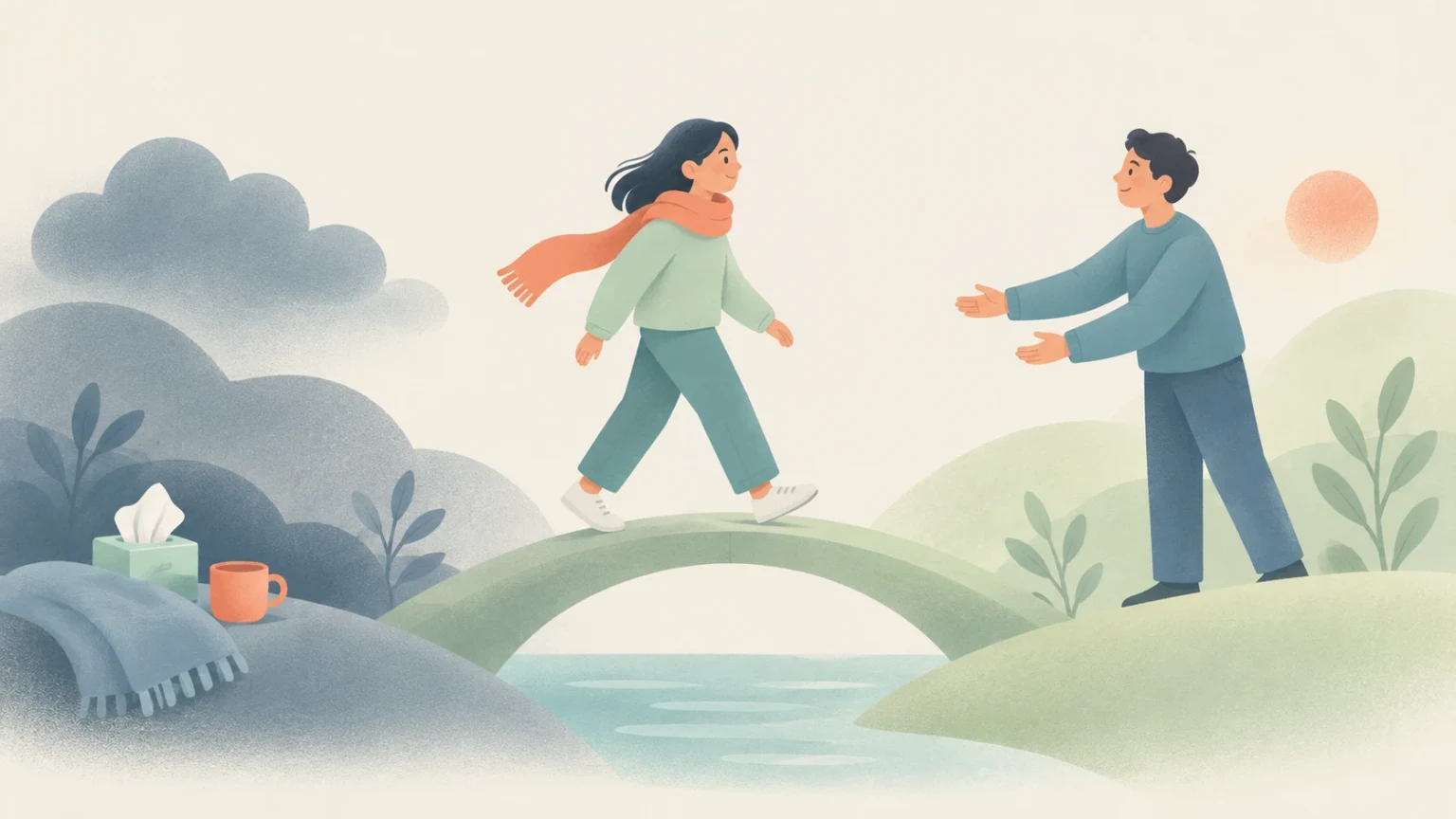 An editorial illustration of a woman walking across an arched bridge from a gloomy setting with tissues toward sunny hills where a friend greets her.
