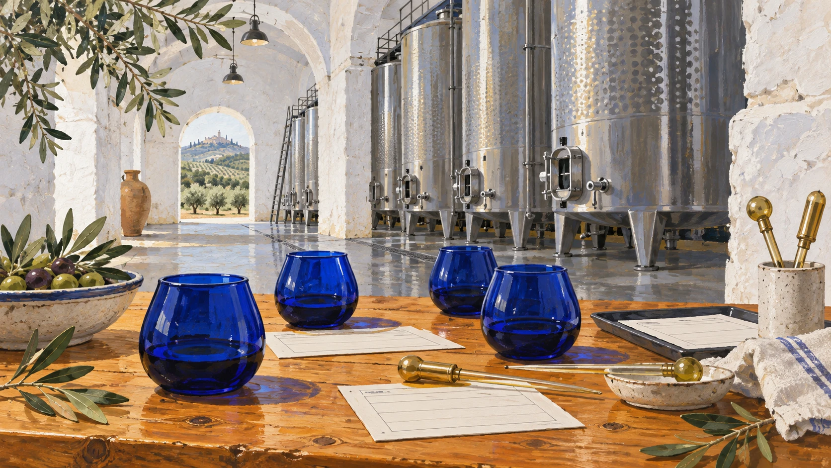 Cooperative cellar interior with tasting glasses, stainless steel storage vats, and testing instruments.