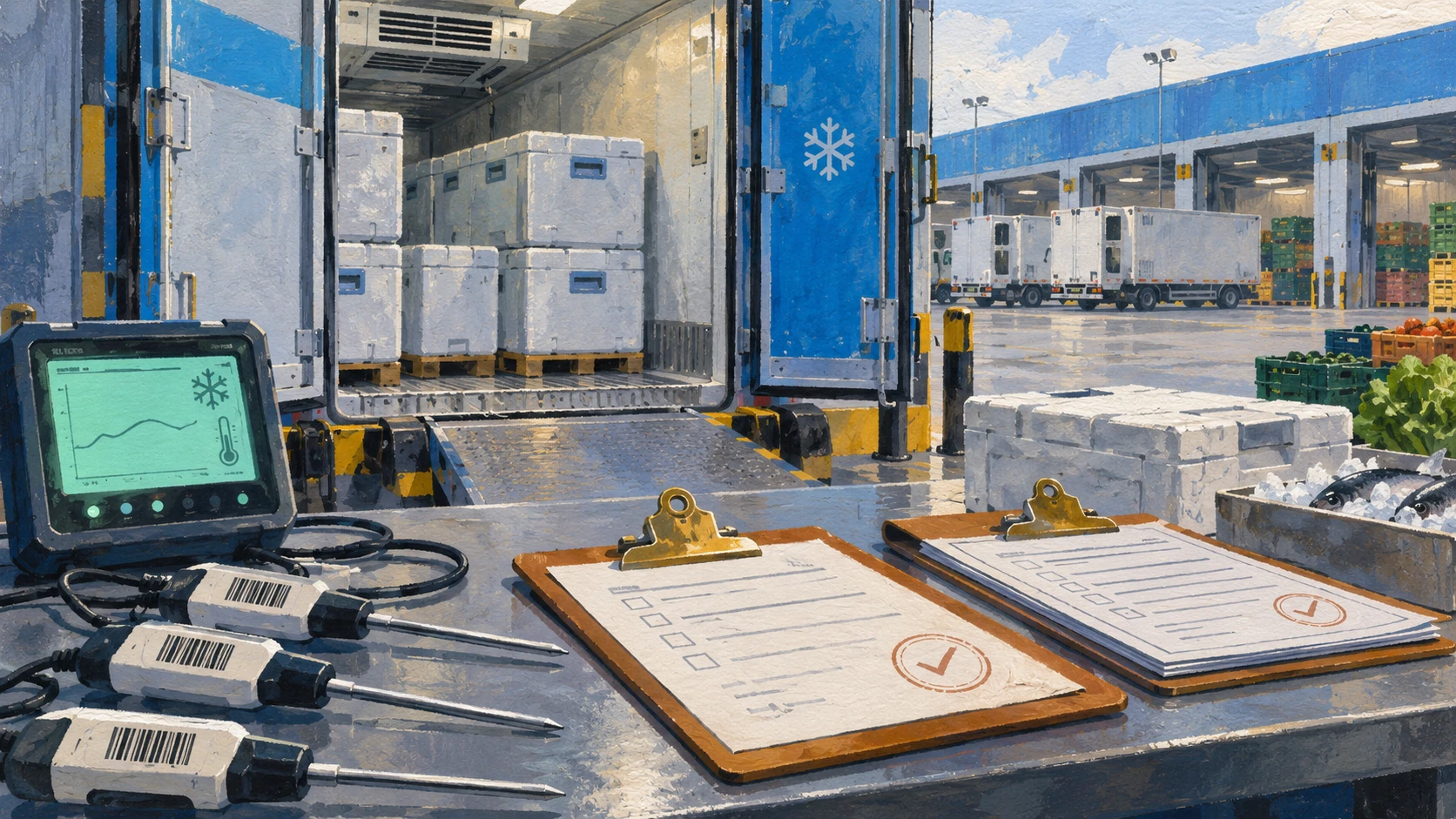 Temperature control inspection bay at a refrigerated container dock in Mercamadrid.