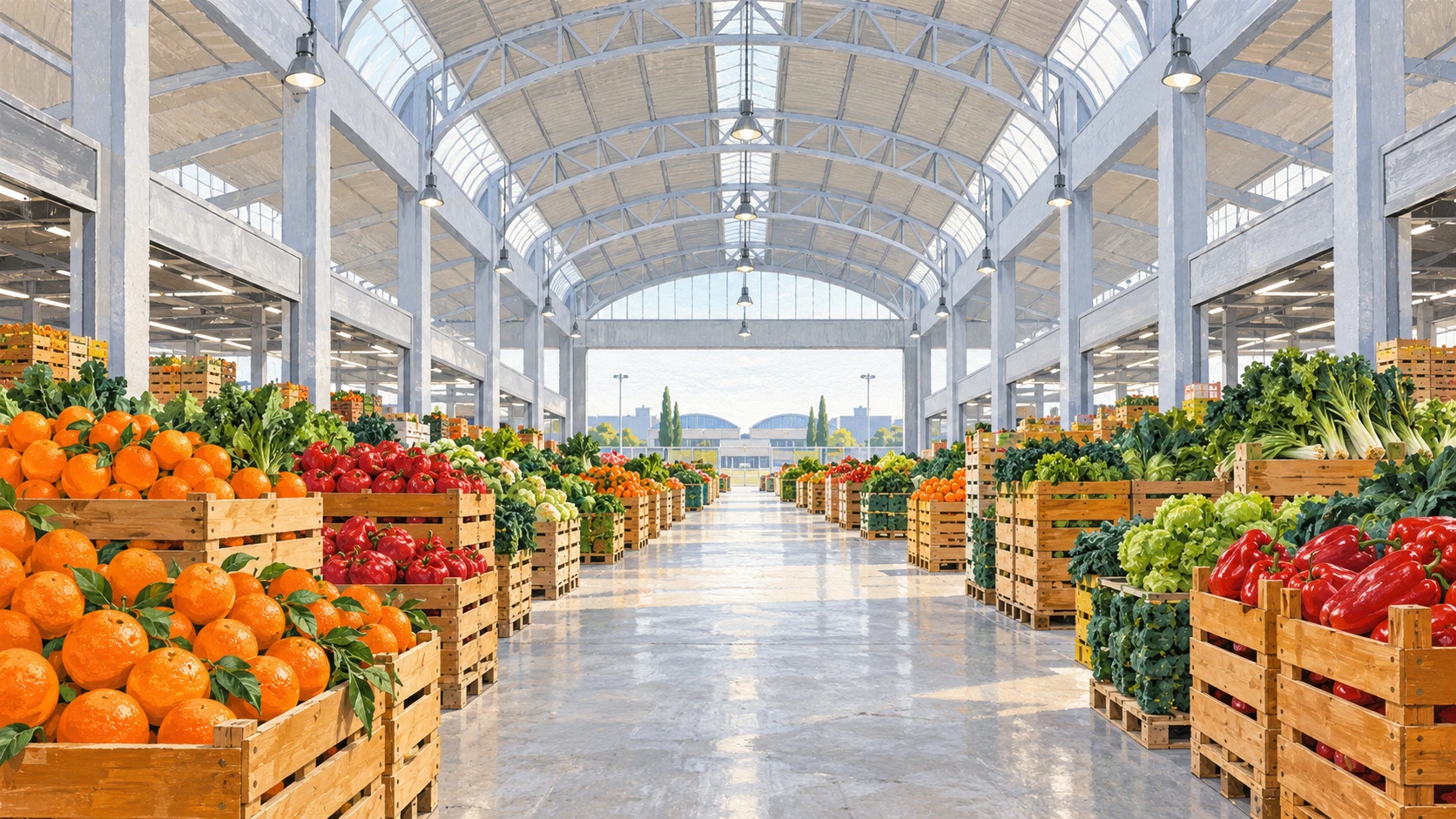 Central fruit and vegetable pavilion aisles lined with produce crates in Mercamadrid.