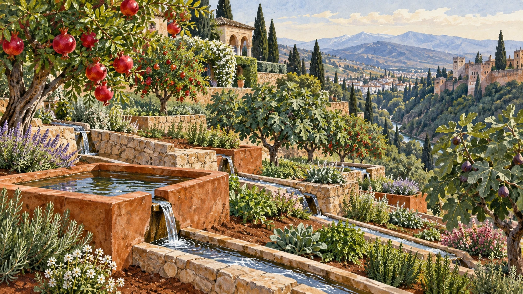 Stepped agricultural terraces and gravity-fed irrigation channels of the Generalife.