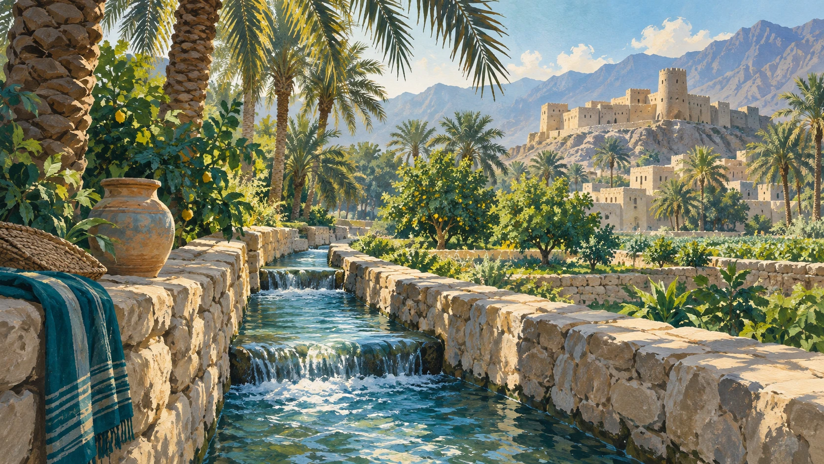 A wide peaceful view of an ancient stone falaj irrigation canal channel flowing through the Bahla date palm oasis in Oman.