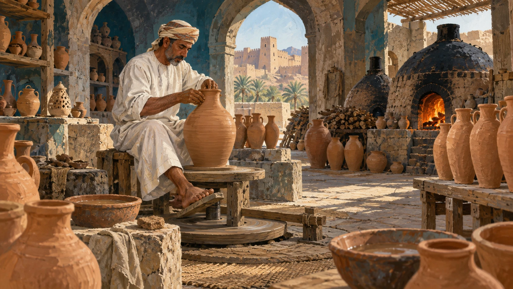 A wide atmospheric scene of a traditional artisan pottery workshop in Bahla, Oman with an artisan shaping an earthen clay water jar.