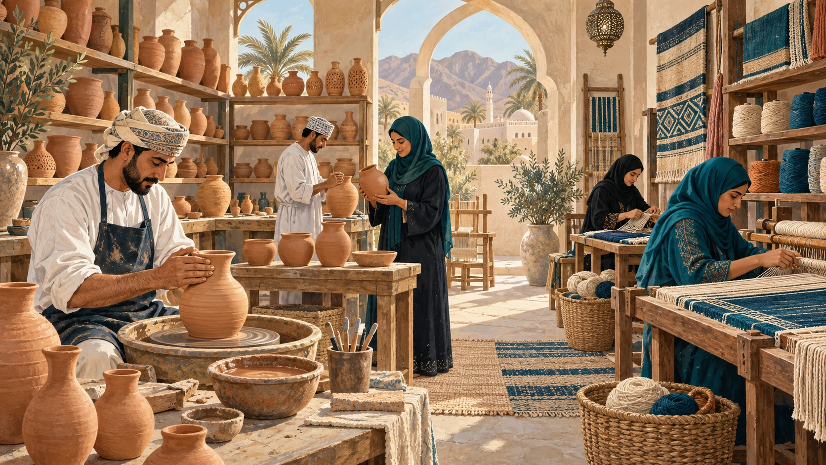 A contemporary artisanal workshop in an Omani town where craftspeople refine terracotta pottery and woven textiles in warm desert daylight.