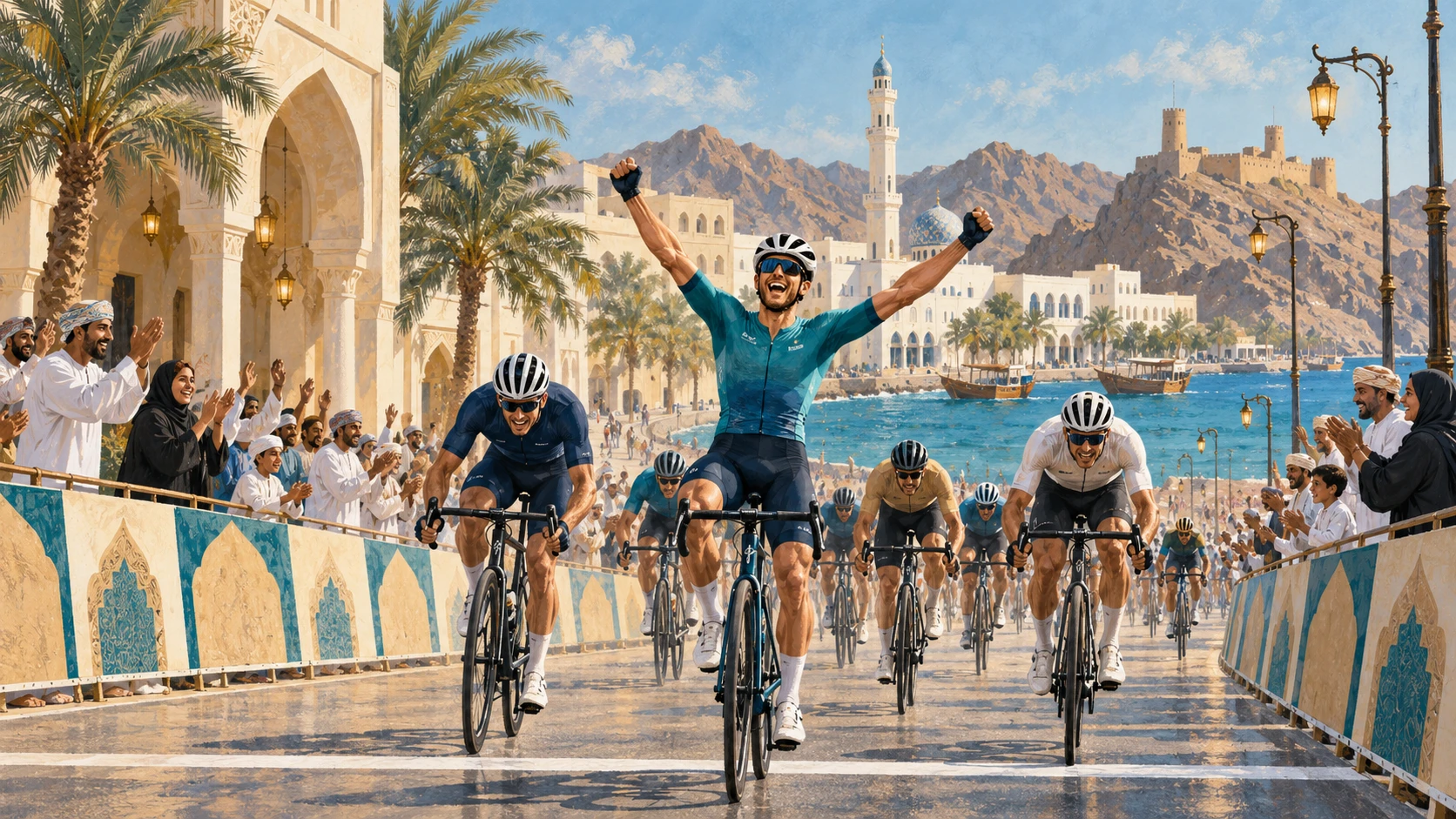 A wide celebratory race finish area of a cycling stage in Muscat, Oman with cyclists crossing a clean finish line before arched traditional architecture.