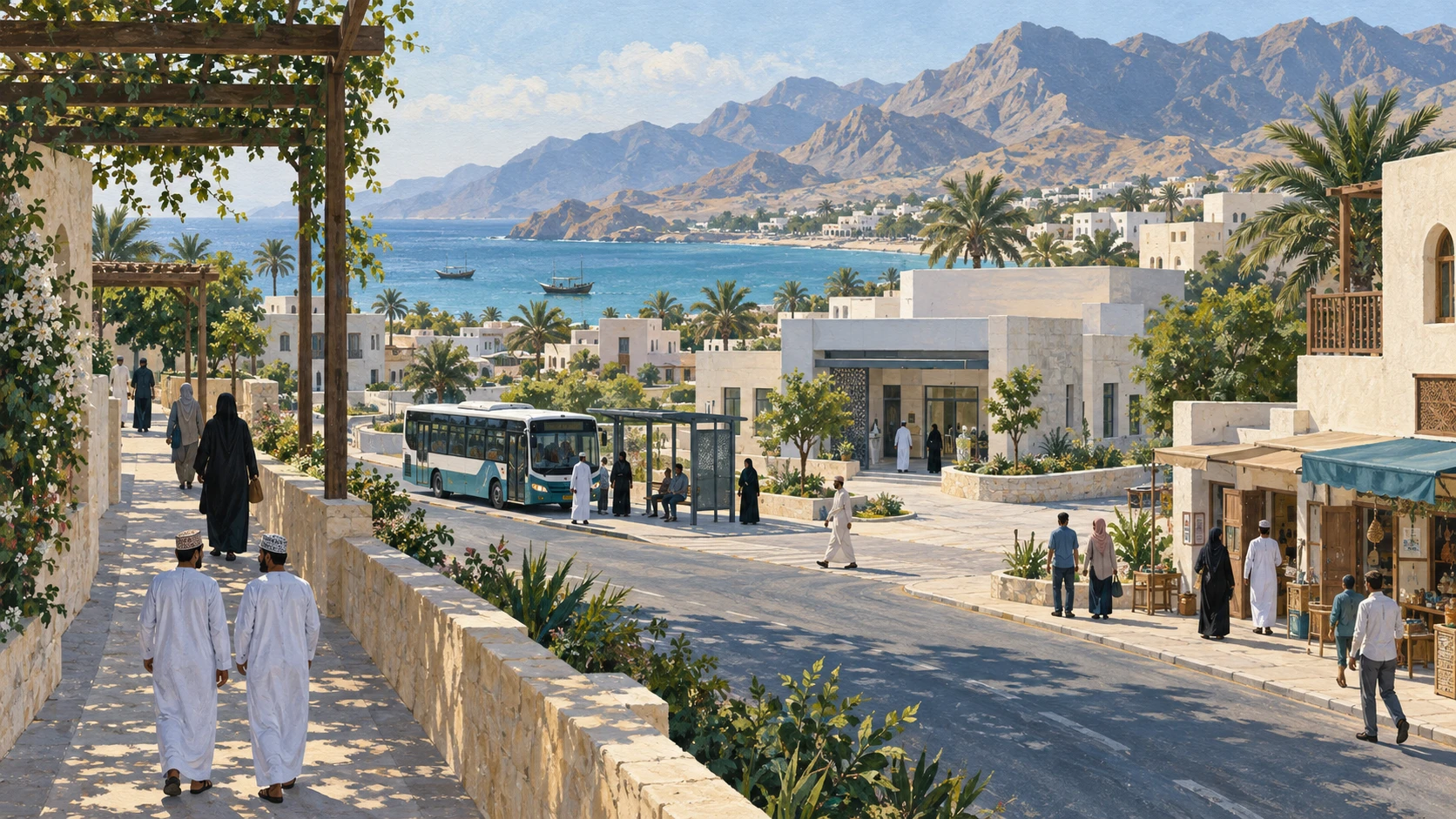 People walking through an Omani-inspired coastal town with a public bus and mountains beside the sea.