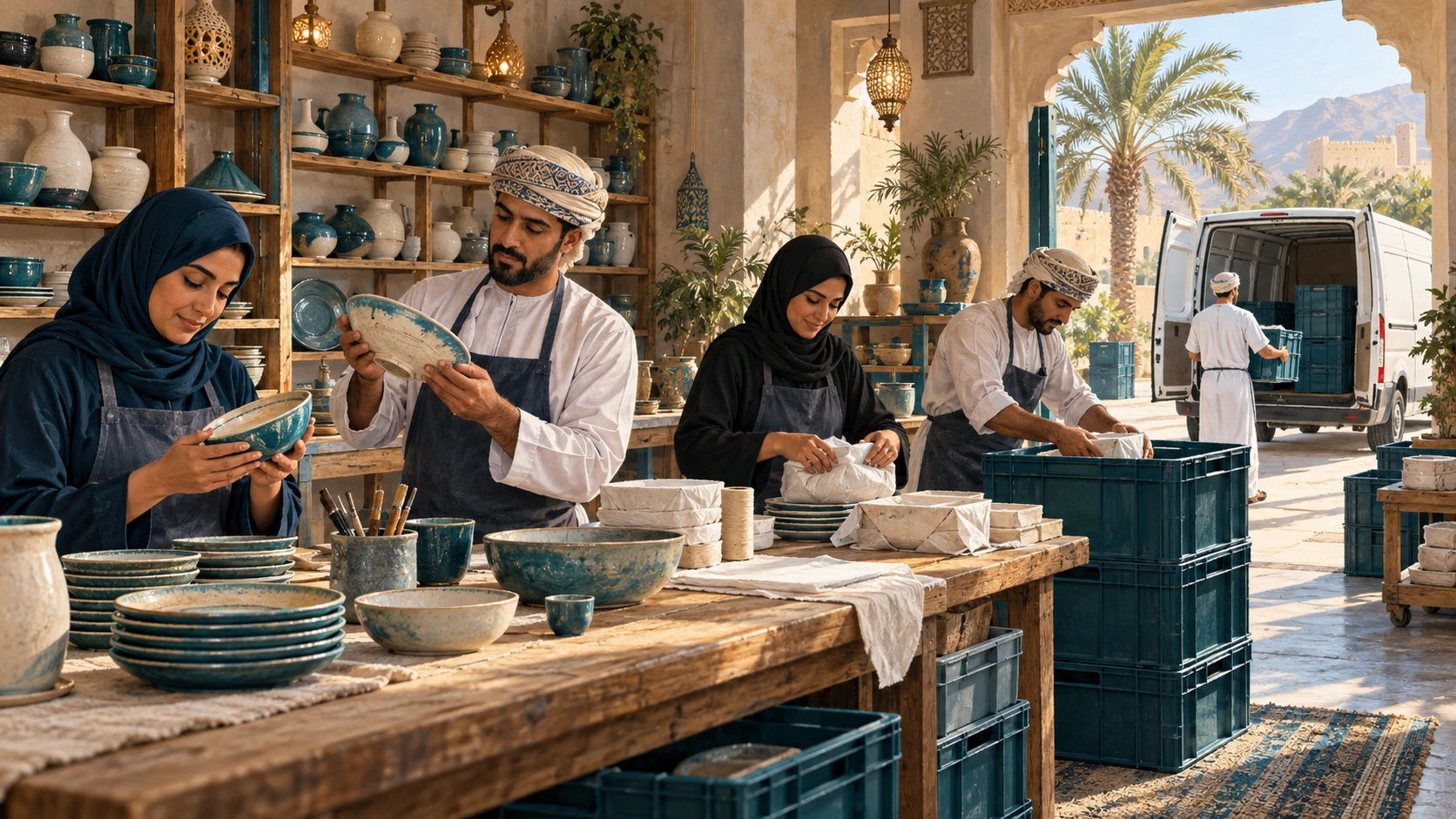 Adults inspecting, wrapping, and loading ceramic tableware at an Omani-inspired small workshop.